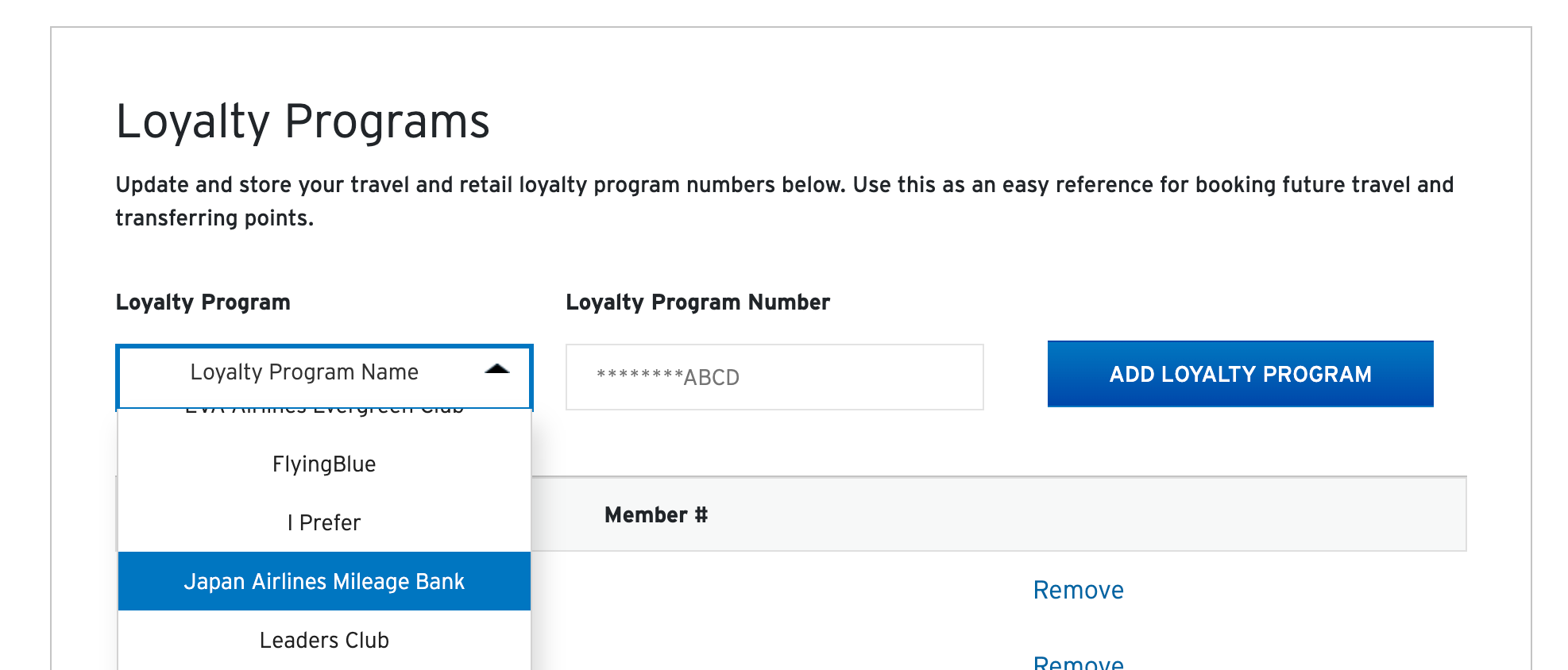 A screenshot showing Japan Airlines Mileage Bank on the Citi ThankYou loyalty program page.
