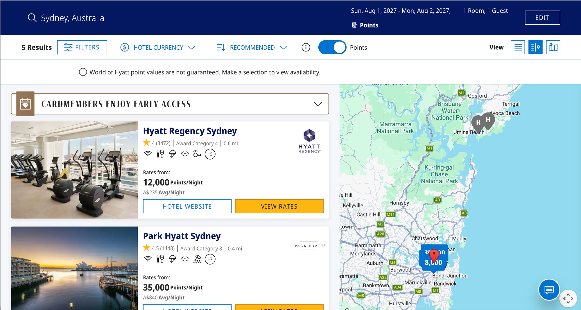 A screenshot showing a Hyatt search result for hotels in Sydney, Australia with an "Cardmembers enjoy early access" banner at the top of the page.