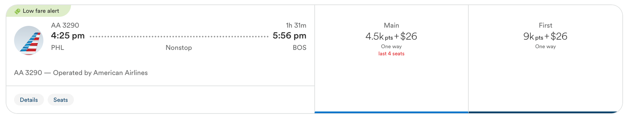 American Airlines Flight from PHL to BOS on Alaska Airlines' Website