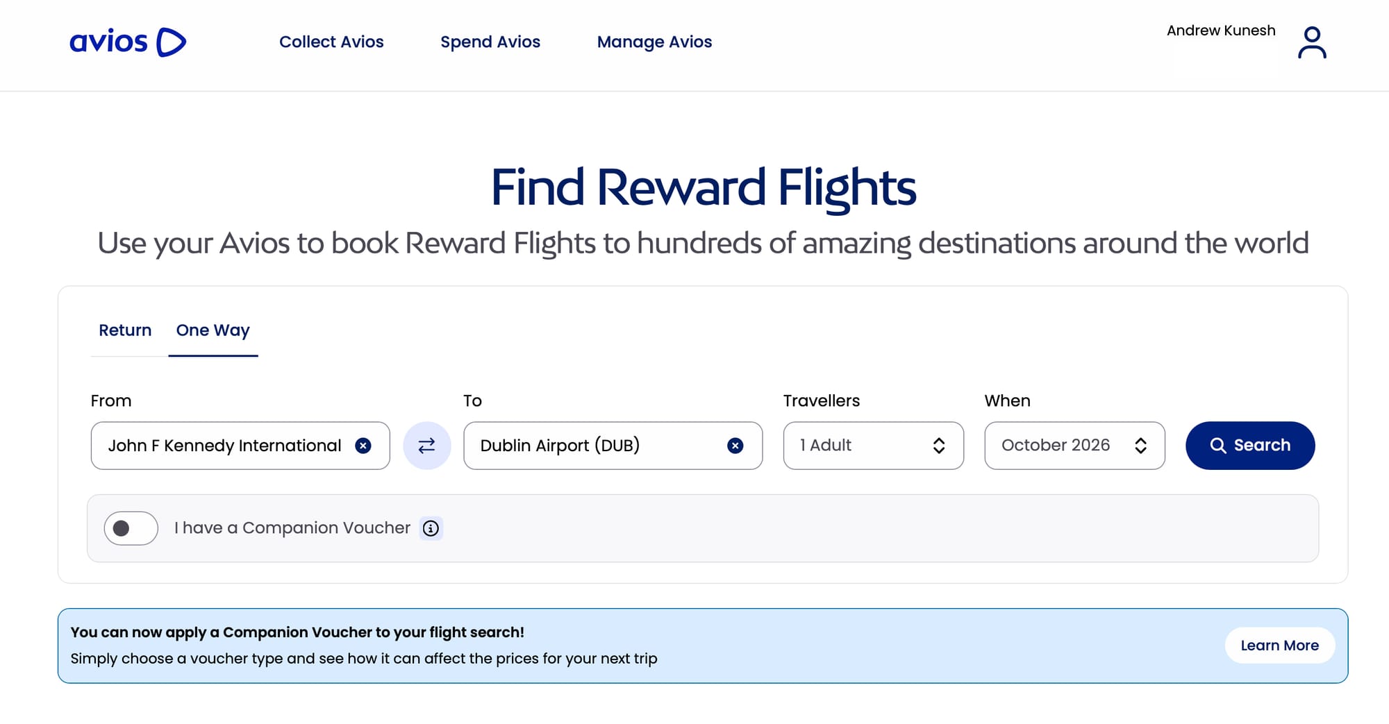 Calendar search on Avios.com.