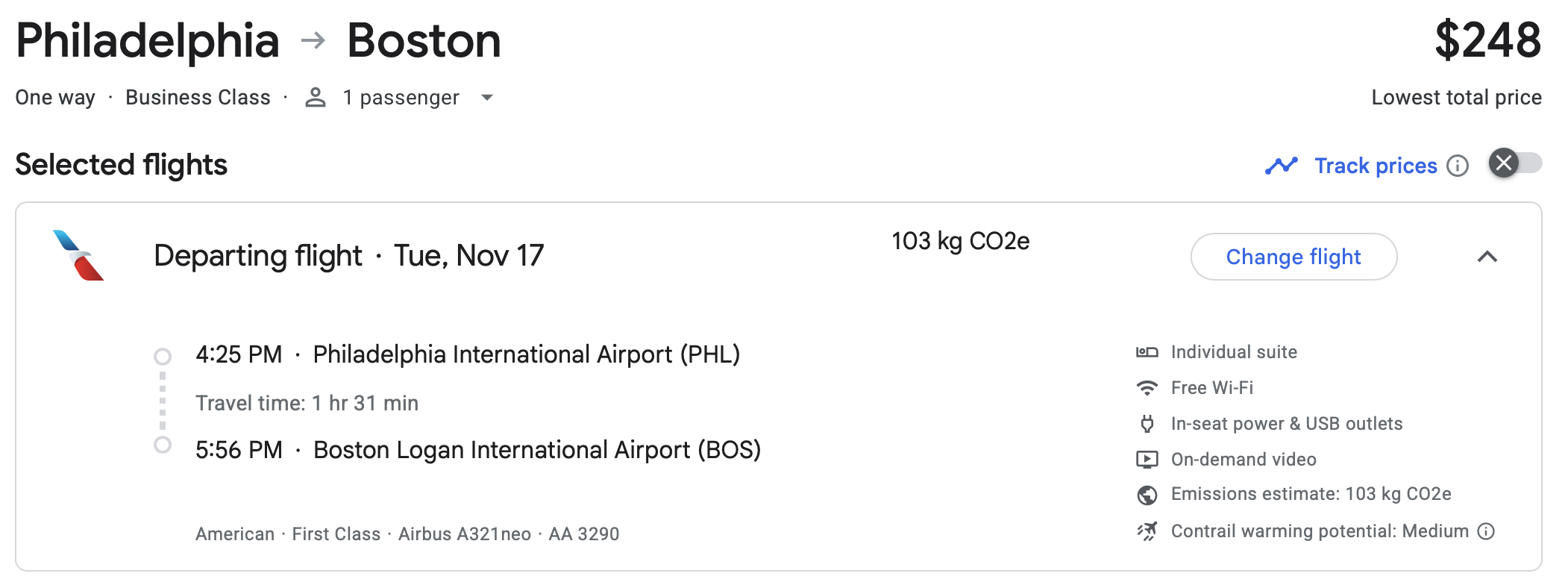Google Flights Showing PHL to BOS on American Airlines' Airbus A321XLR