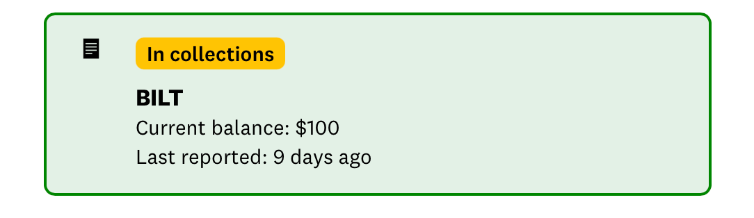 A screenshot of a Bilt account in collections on Credit Karma.