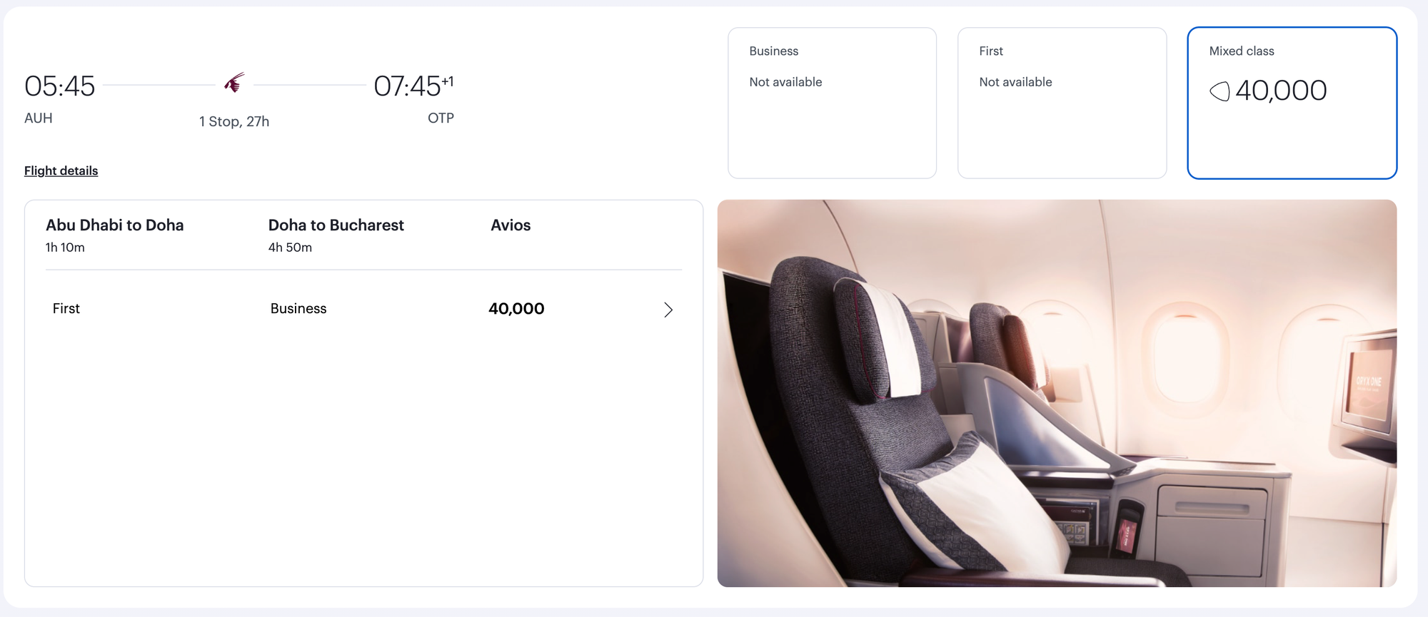 Screenshot showing a Qatar Airways award ticket from Abu Dhabi (AUH) to Bucharest (OTP).