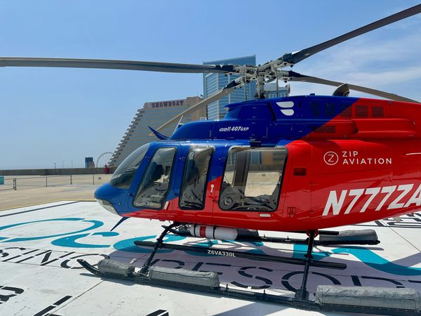 A Blade helicopter on a helipad on top of the Ocean Casino in Atlantic City, New Jersey.