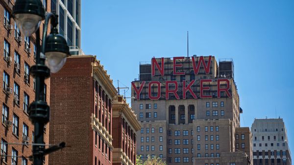 The New Yorker Hotel sign in Manhattan, New York City.