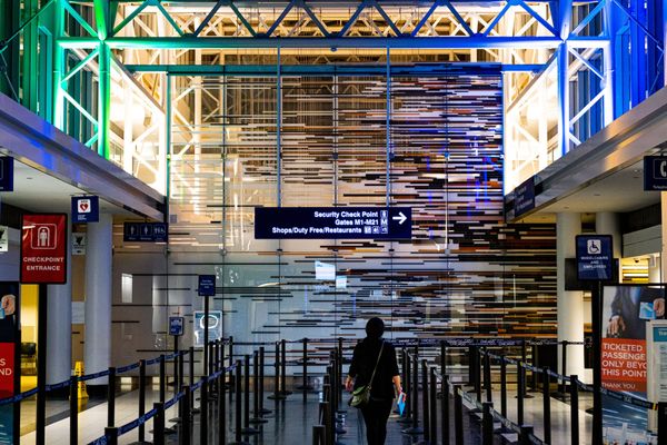 Airport security lanes at Chicago O’Hare International Airport (ORD)'s Terminal 5.