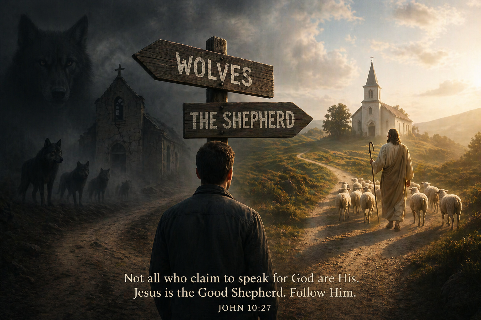A symbolic image of a person standing at a crossroads between a dark path marked “Wolves” and a light-filled path marked “The Shepherd,” representing spiritual discernment and returning to Jesus.