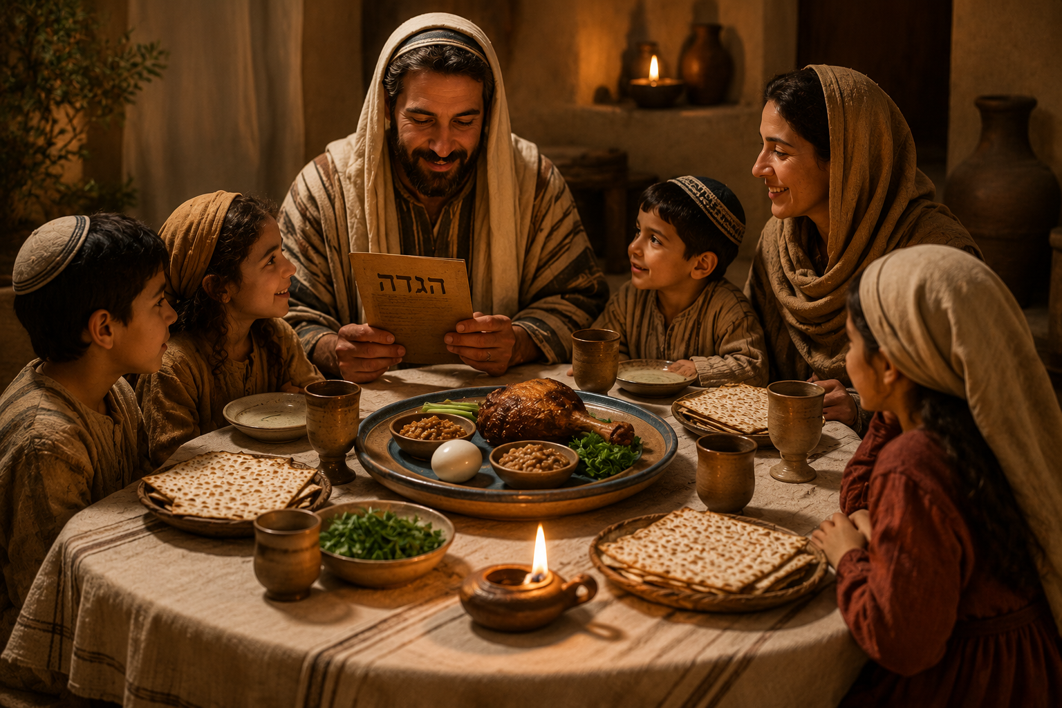 A family seated around a candlelit Passover table with unleavened bread, roasted lamb, bitter herbs, cups, and oil lamps.