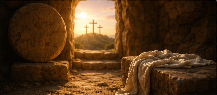    An empty tomb at sunrise with crosses in the distance, connecting Firstfruits to Jesus Christ as the firstfruits of the resurrection.