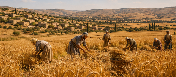     Farmers harvest barley in ancient Israel, showing the agricultural setting of the Feast of Firstfruits at the beginning of the grain harvest.