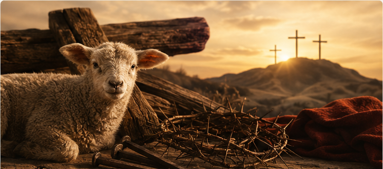     A lamb near the cross, representing Jesus as the Lamb of God.