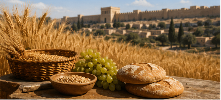 Grain, bread, and fruit representing the Feast of Weeks harvest celebration in ancient Israel.