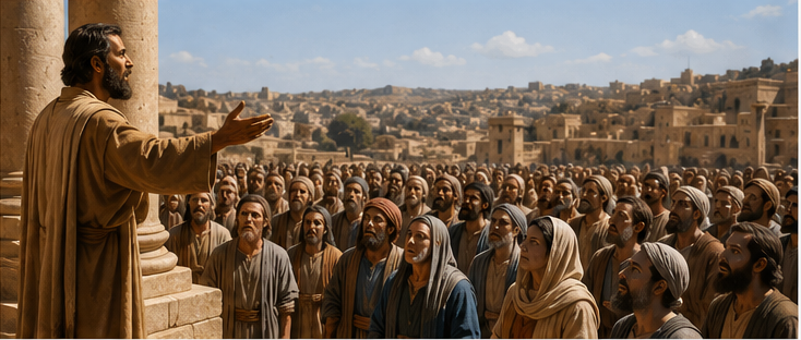 Peter preaching to a crowd in Jerusalem during Pentecost in Acts 2.