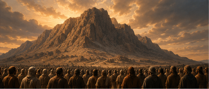 Israel gathered before Mount Sinai as God gives the Law and forms His covenant people.