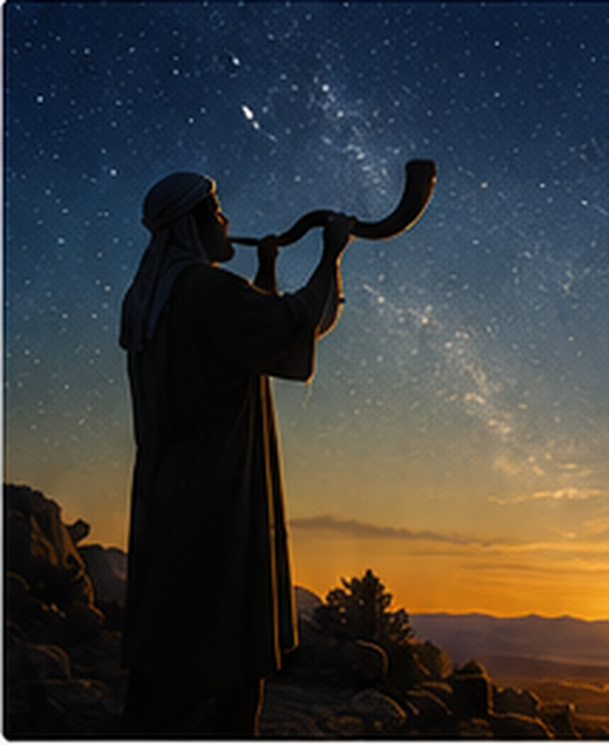 A watchman blowing a shofar under the night sky as a biblical call to wakefulness.