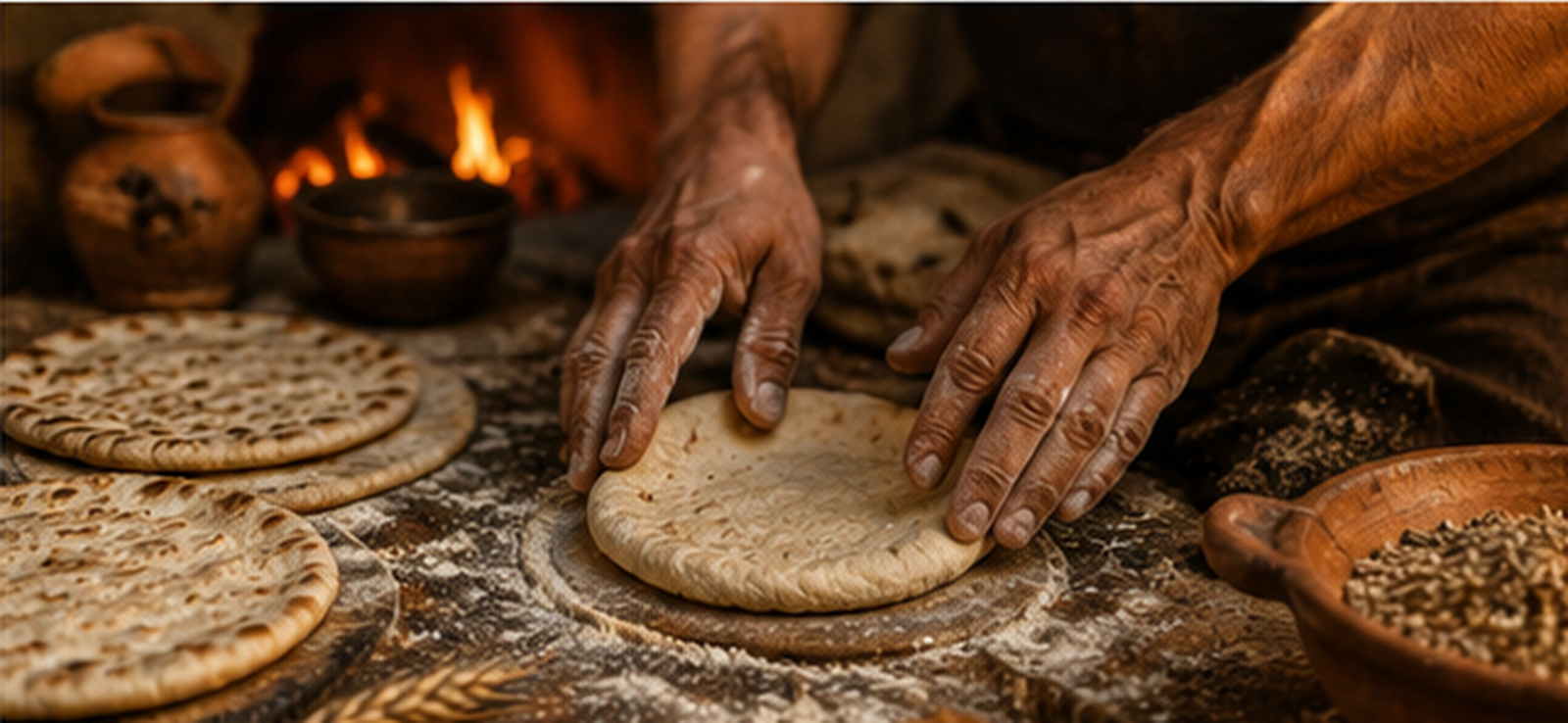 Hands preparing unleavened bread in an ancient Israelite setting.