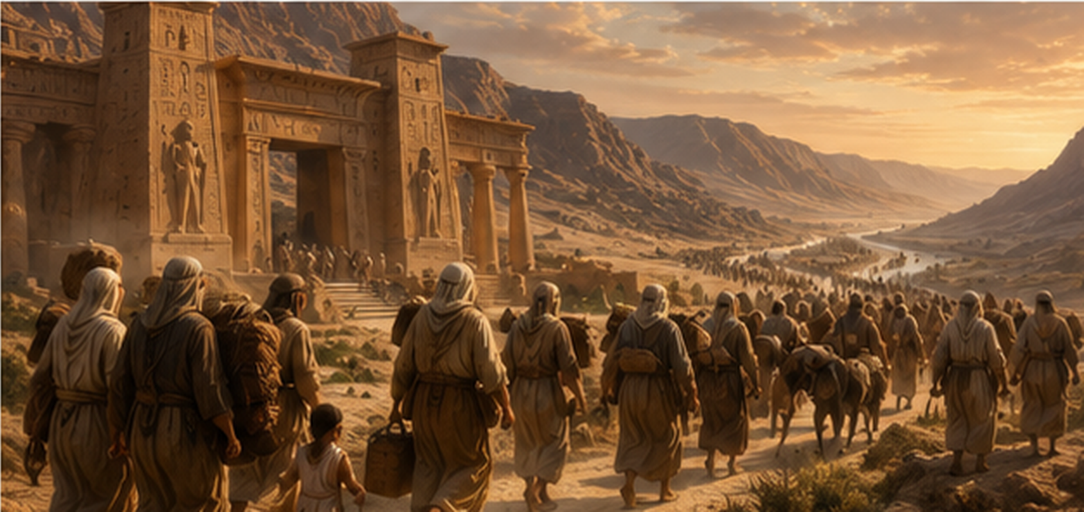 Israelite families leaving Egypt in haste during the Exodus.