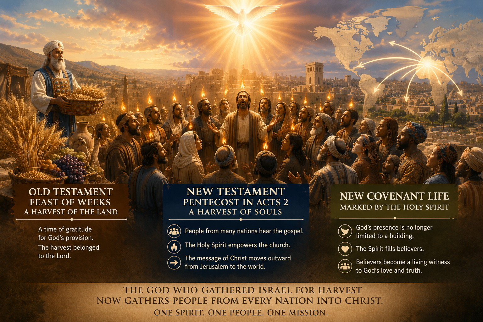 Biblical Pentecost scene with harvest imagery, believers receiving tongues of fire, and a map showing the gospel spreading from Jerusalem to the nations.