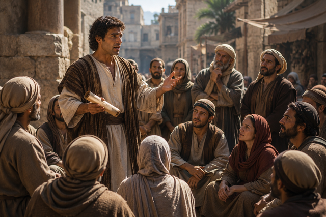 A first-century scene of Apollos teaching from the Scriptures outside a synagogue with scrolls.
