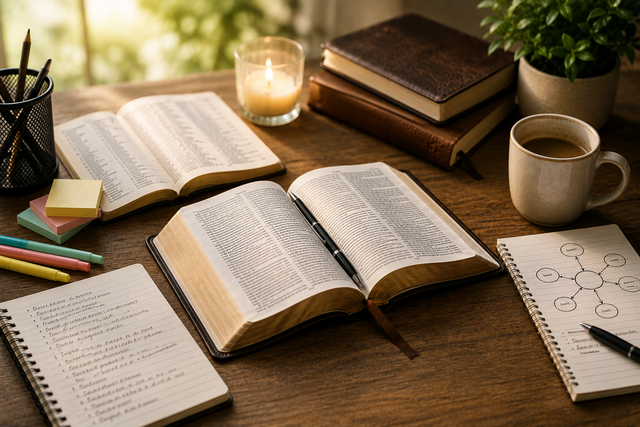 Warm wooden Bible study desk with open Bibles, notebooks, pens, sticky notes, candle, coffee mug, plant, and a hand-drawn study diagram.