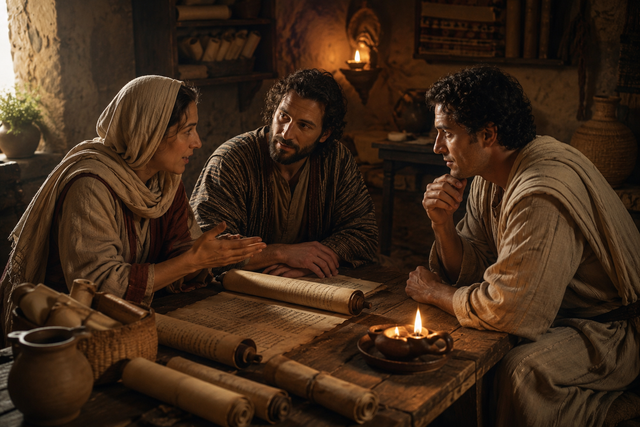 An image of Priscilla and Aquila teaching the Gospel of Apollos in their home. 