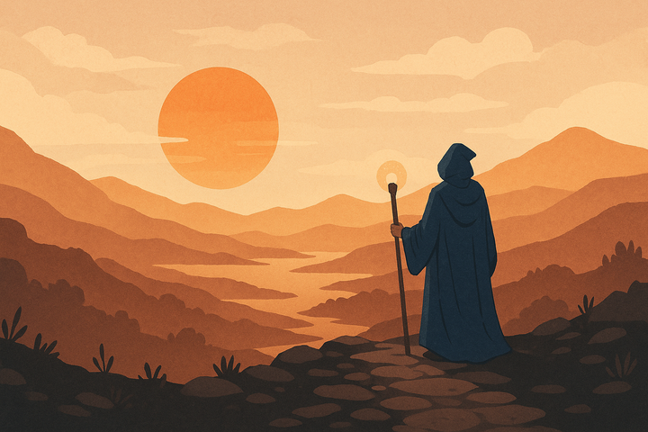A wizard looks out at a sun on the horizon.