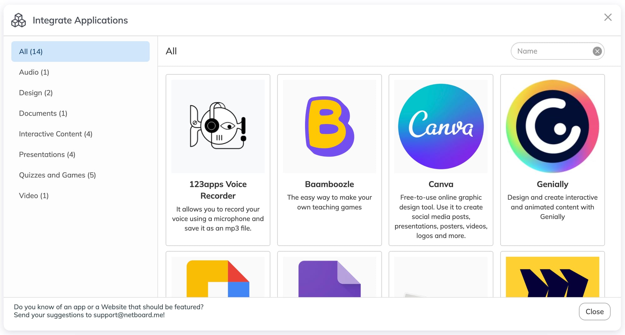 Netboard.me interactive content options for adding external learning activities and resources