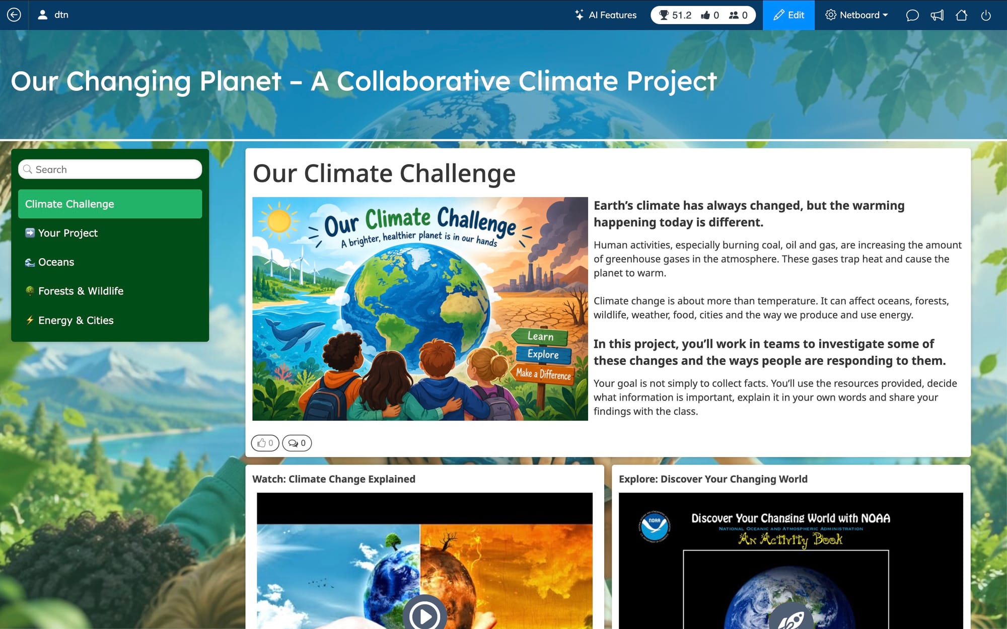 Netboard.me collaborative climate project with separate workspaces for student groups