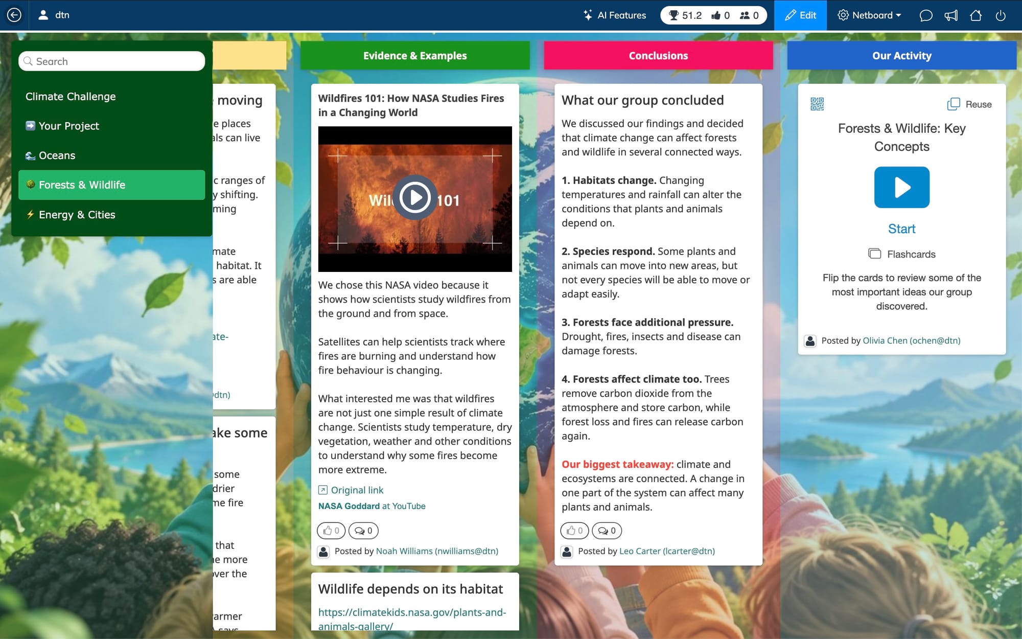 Netboard.me collaborative climate project showing student research, evidence, conclusions and group activity