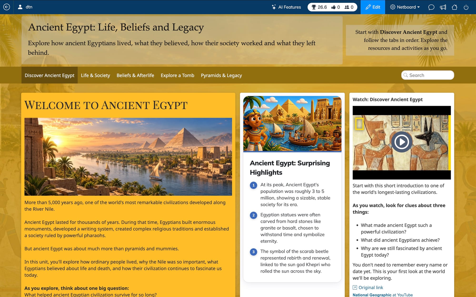 Netboard.me Ancient Egypt classroom resource hub with five interactive learning tabs