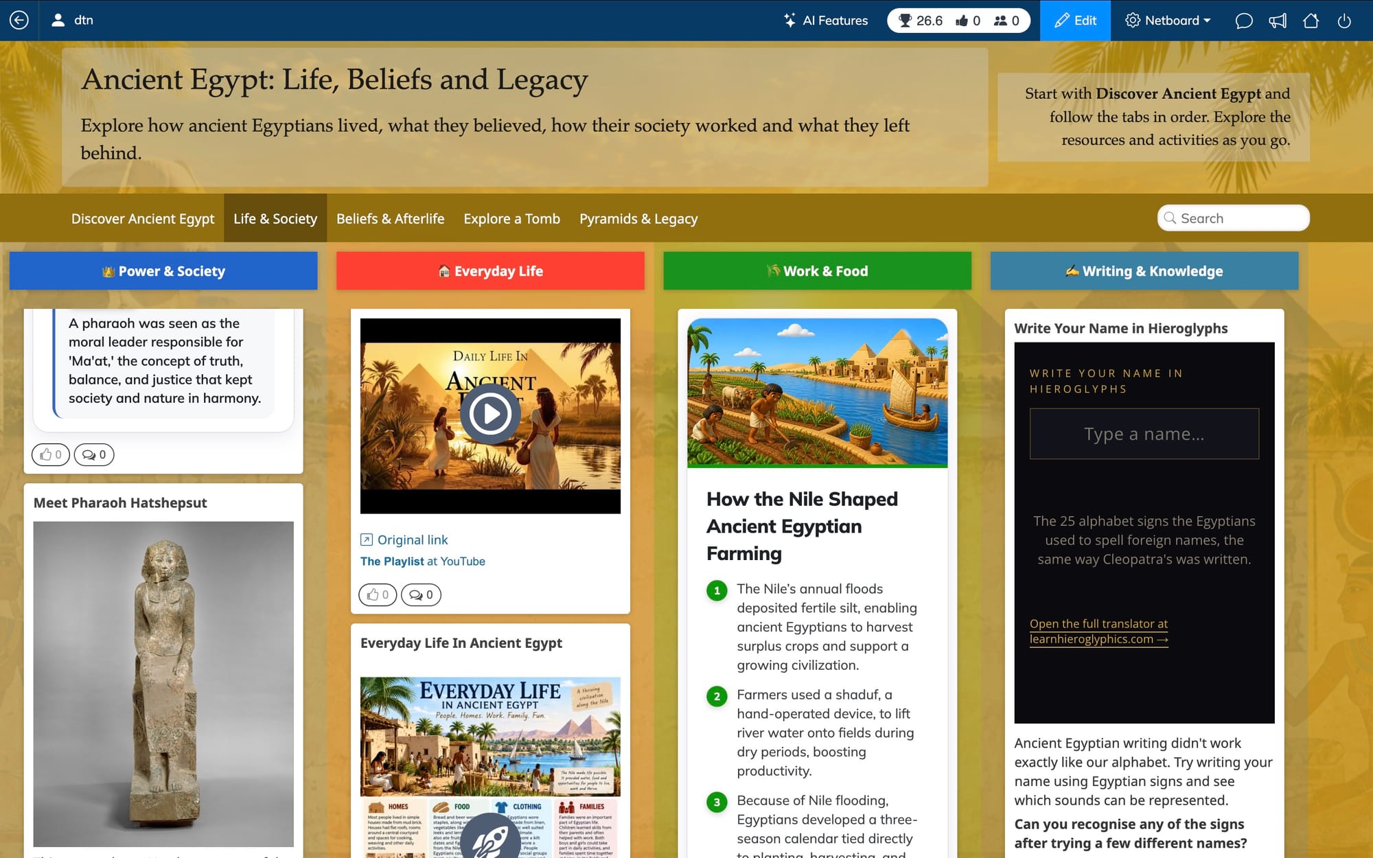 Ancient Egypt classroom resources organized into four columns in Netboard.me