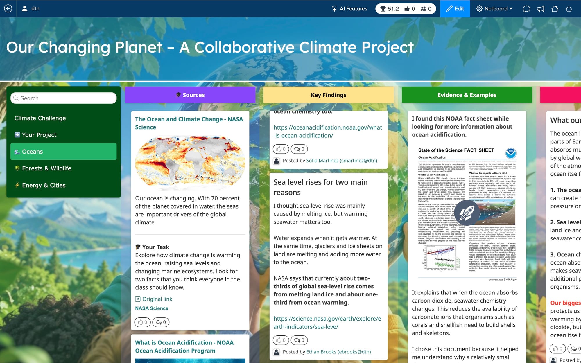 Netboard.me collaborative student project with sections for sources, findings, evidence and conclusions