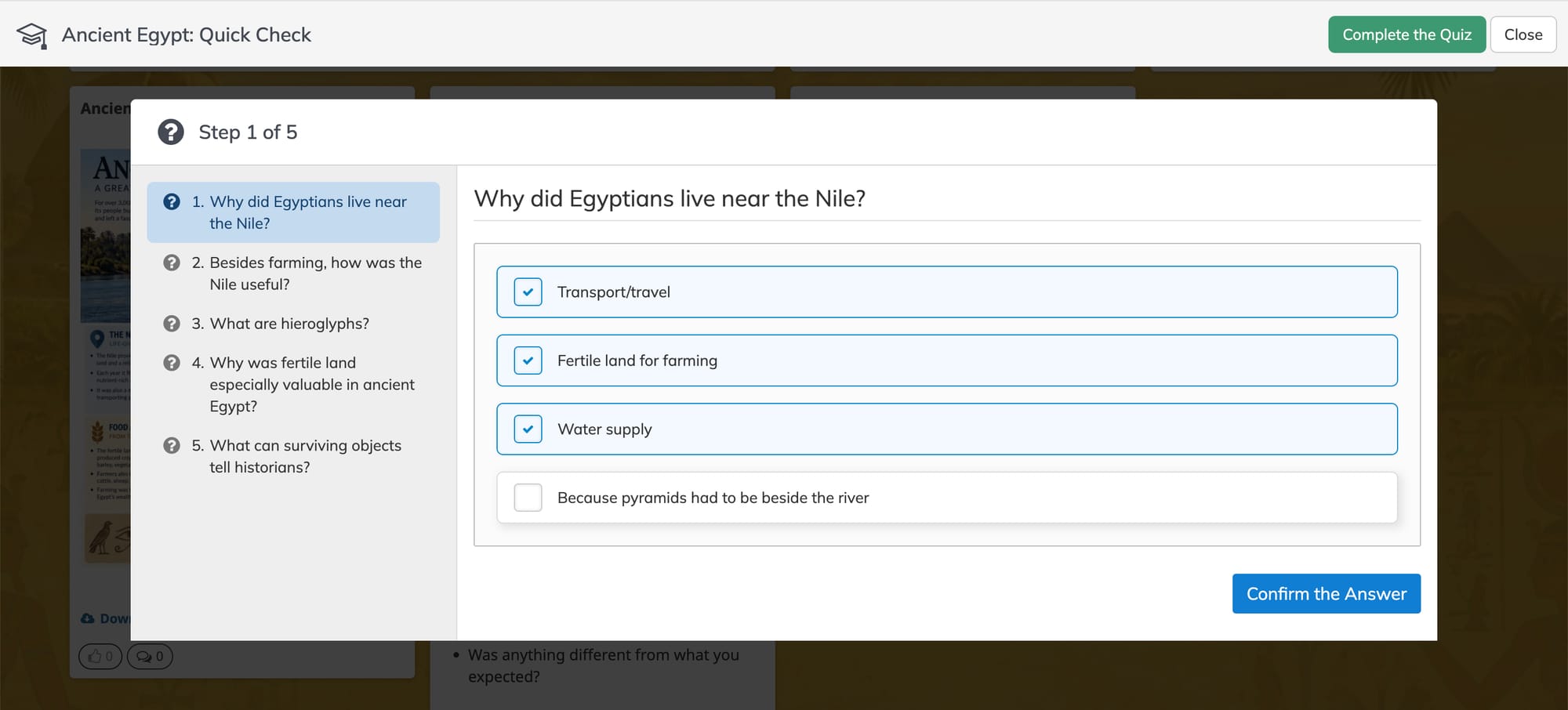 Ancient Egypt Quick Check quiz embedded in a Netboard.me classroom resource hub
