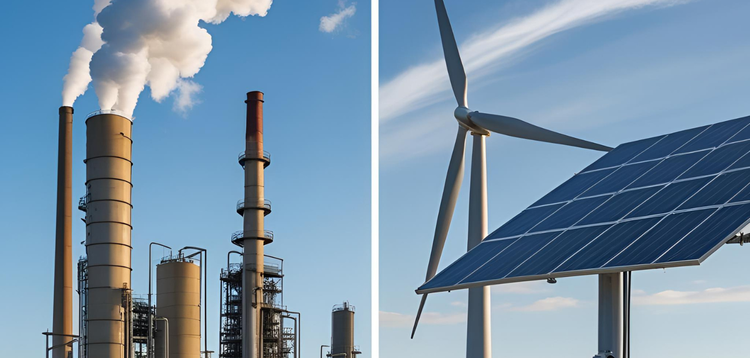 Composition image of factory on left, wind turbine and solar panel on rig