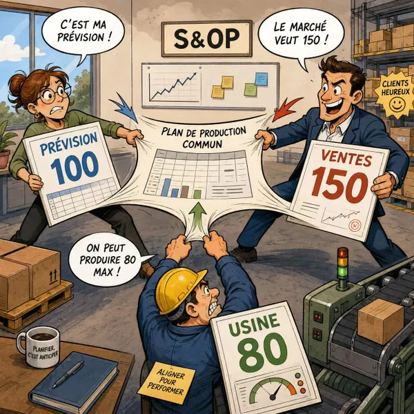 La prévision annonce 100. Les ventes promettent 150. L’usine peut produire 80. Bienvenue au S&OP.