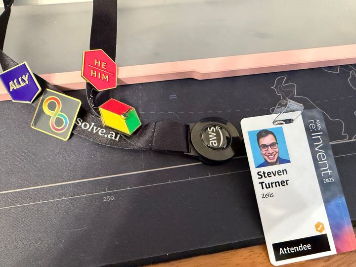 Picture of AWS re:Invent Badge with various pins. 