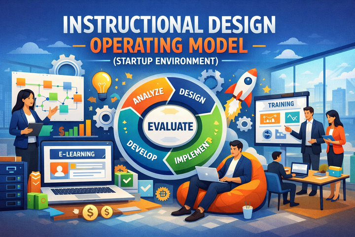 Colorful diagram of instructional design operating model in a startup environment