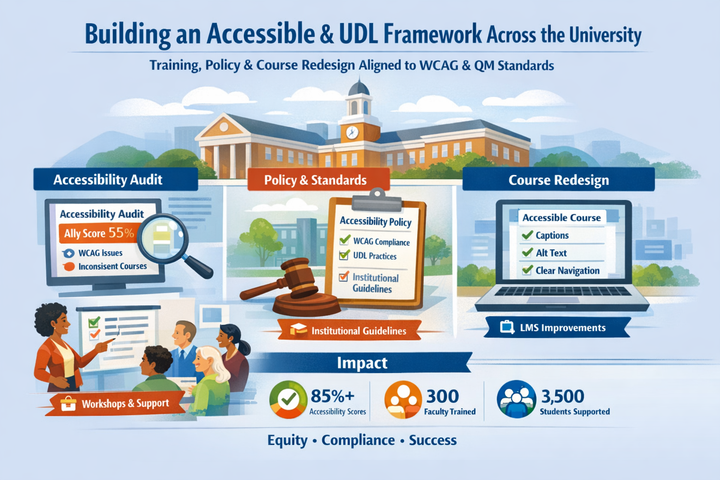 Illustration of university accessibility framework with audit, policy, and course redesign.