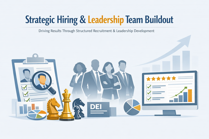 Minimalist illustration showing diverse professionals, hiring icons, and data charts representing strategic leadership recruitment