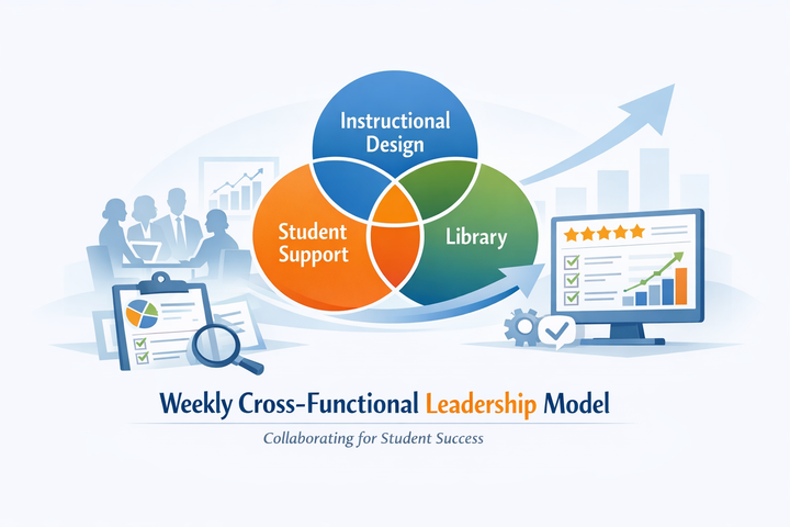 Minimalist illustration showing three interconnected circles labeled Instructional Design, Student Support, and Library, representing a cross-functional academic leadership model.