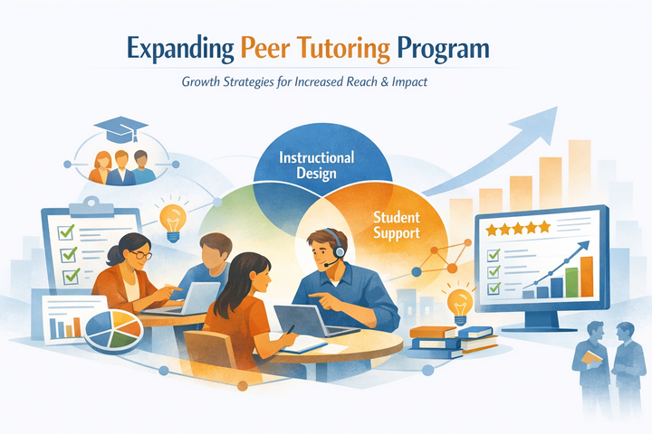 Illustration showing peer tutors and students collaborating across laptops and books, symbolizing growth and connection in academic support.