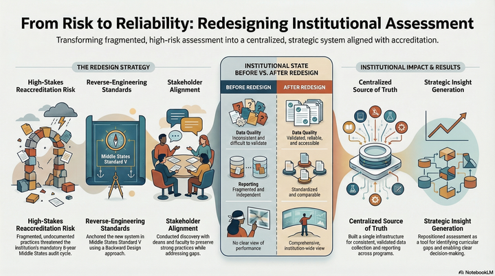 Assessment system redesign infographic showing before-and-after institutional data practices
