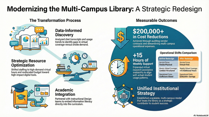 Infographic of library redesign showing data-driven process and $200K+ savings, +15 hours support