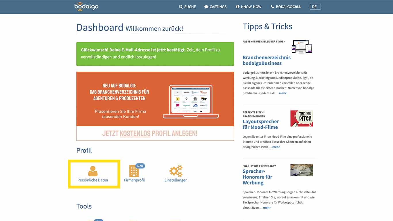 Screenshot bodalgo.com Casting Dashboard, persönliche Daten anlegen