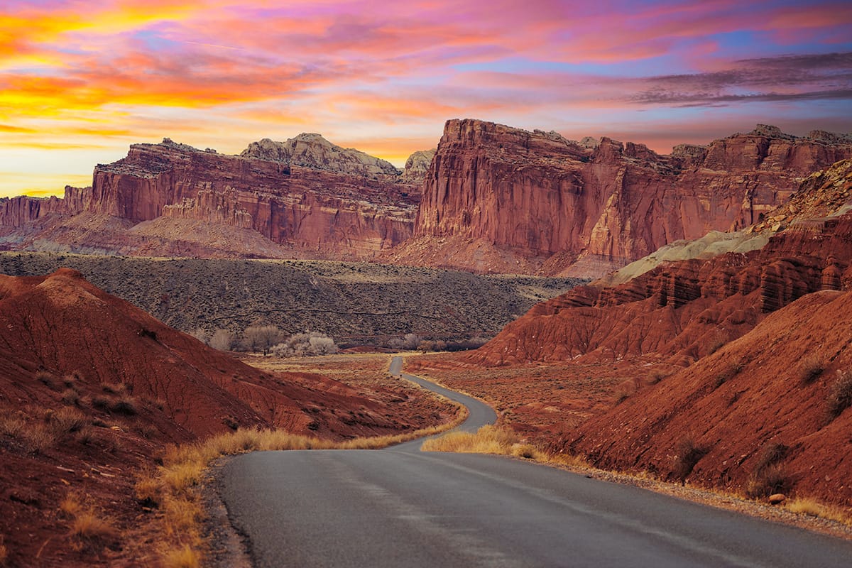 The Scenic Drive at sunset within Capitol Reef National Park