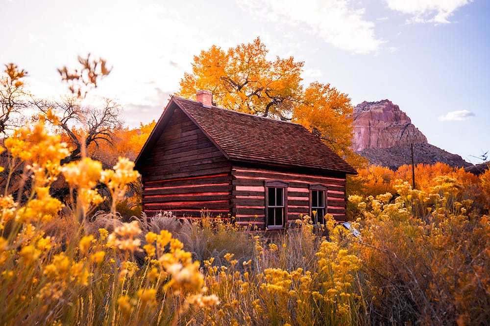 Fall colors surrounding the historic Fruita Schoolhouse in Capitol Reef National Park. © Roaming the Southwest