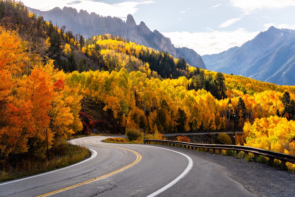 Road view from Highway 145 just south of Telluride, Colorado near Ophir