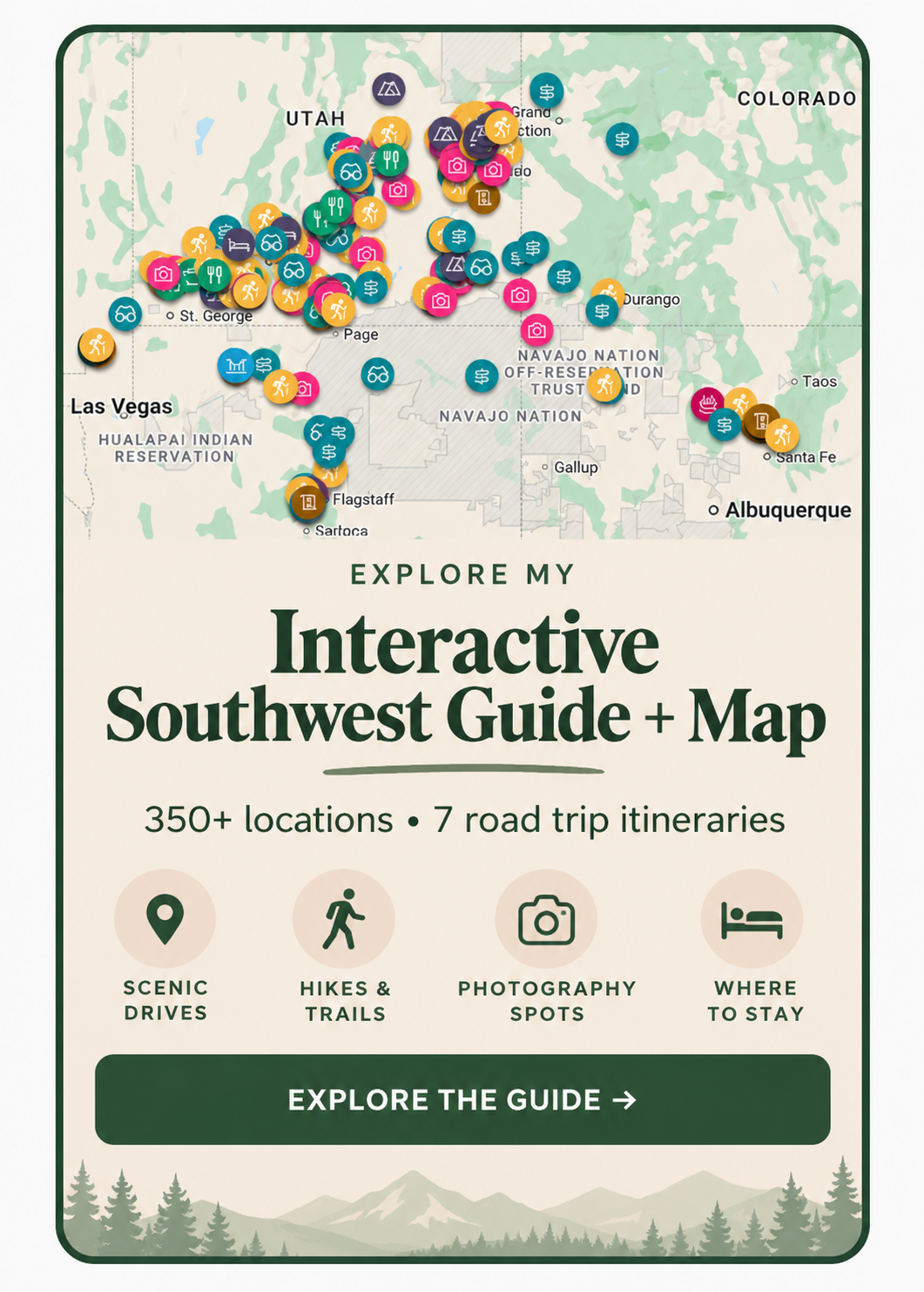 Interactive Southwest Guide and Map featuring 350+ locations and 7 road trip itineraries