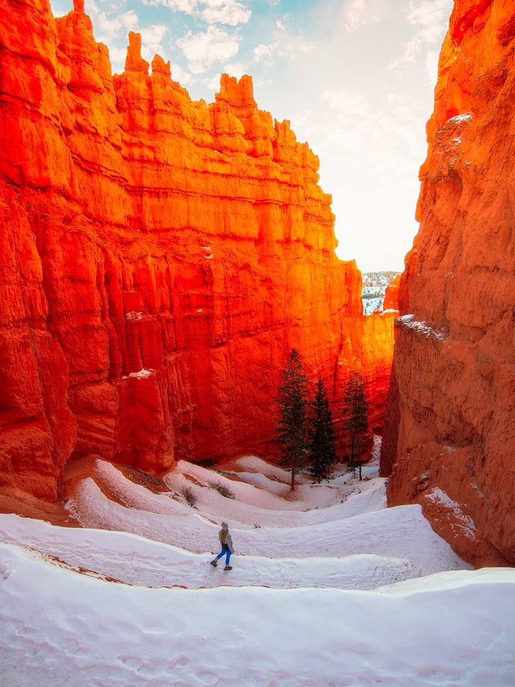 Snowy sunrise on the Two Bridges Switchbacks off Navajo Loop Trail in Bryce Canyon National Park. © Roaming the Southwest