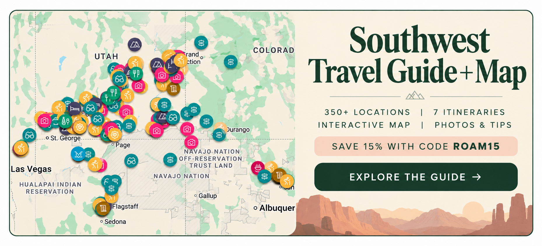 Southwest Travel Guide and Interactive Map featuring 350+ locations, 7 itineraries, and 15% off with code ROAM15
